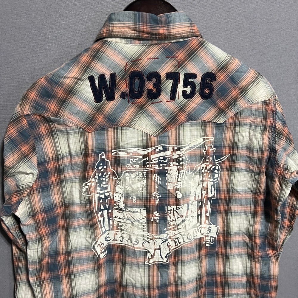 Red Snap Mens Plaid Western Shirt Orange Blue Belfast Knights Graphic Large